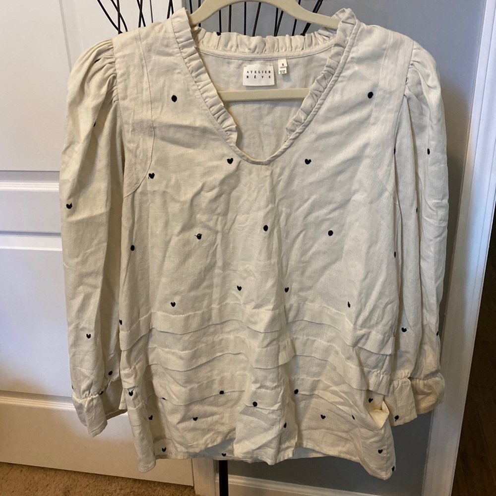 EUC Atelier Reve Women Cream navy Embroidered Heart Size 36 Long Sleeve Blouse
